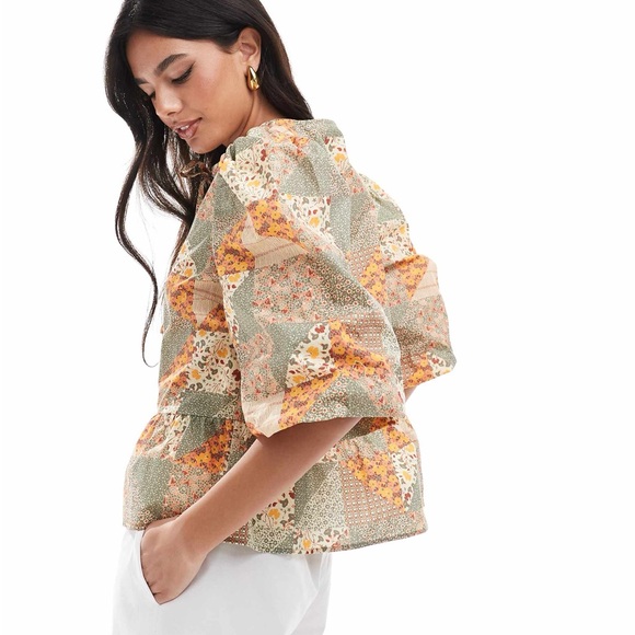 ASOS DESIGN Cotton Poplin Tie Front Patchwork Cottagecore Puff Sleeve Top XS - Picture 2 of 5